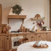 rustic kitchen with light colored cabinets