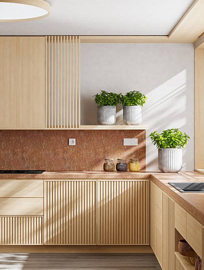 rustic kitchen with light colored cabinets